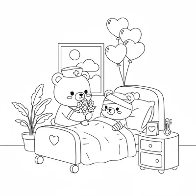 A kawaii hospital scene with a chibi nurse bear bringing a bouquet to a chibi coloring page