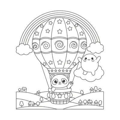 A kawaii hot air balloon ride with a chibi panda waving from a basket decorated coloring page