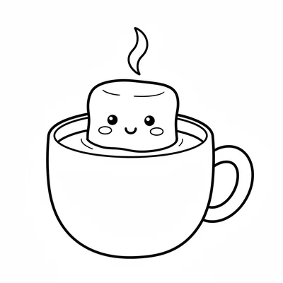 A kawaii hot chocolate mug with a happy round marshmallow face floating on top coloring page