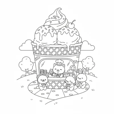 A kawaii ice cream shop with a building shaped like a giant ice cream cone coloring page