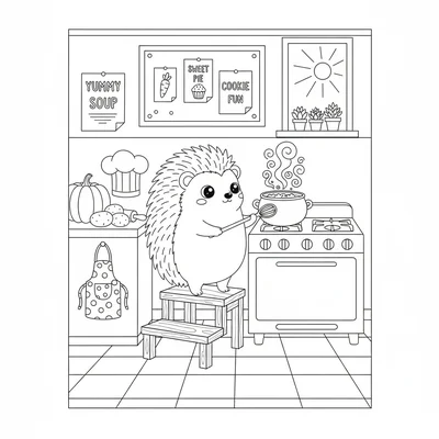 A kawaii kitchen cooking scene with a chibi hedgehog standing on a step stool coloring page