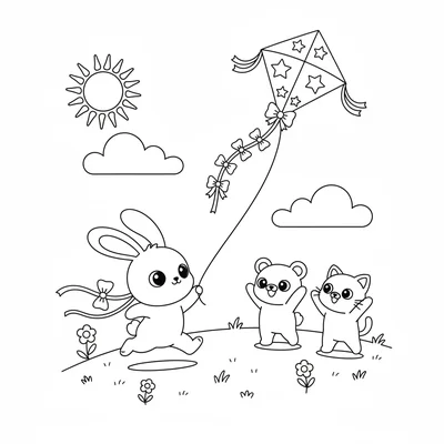 A kawaii kite flying scene with a chibi bunny running across a breezy hill coloring page