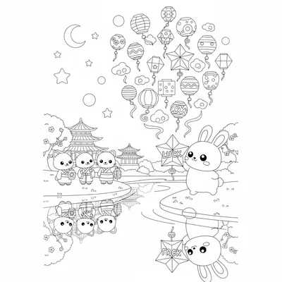 A kawaii lantern festival night scene with a chibi rabbit releasing a paper coloring page