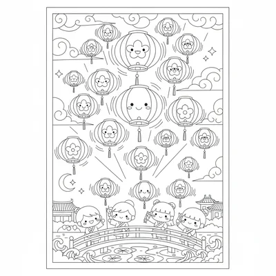 A kawaii lantern festival scene with dozens of glowing paper lanterns floating coloring page