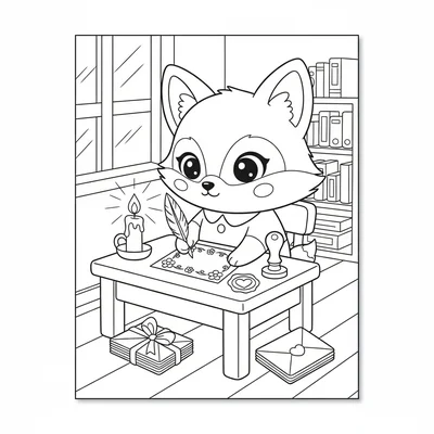 A kawaii letter writing scene with a chibi fox at a small desk writing a letter coloring page