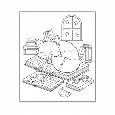 A kawaii library nap where a chibi fox is curled asleep between two large open coloring page