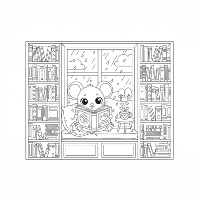 A kawaii library nook with a chibi mouse reading a large book in a cozy window coloring page