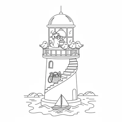 A kawaii lighthouse keeper scene with a chibi otter polishing the lighthouse coloring page
