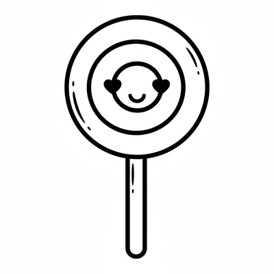A kawaii lollipop with a large round candy top showing a swirl face, two small coloring page