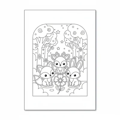 A kawaii magic forest clearing where tiny glowing spirit animals, a fox coloring page