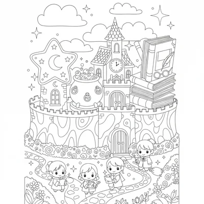 A kawaii magical academy building exterior with different wing towers each coloring page