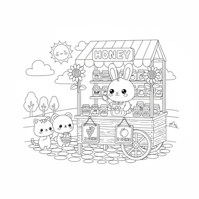A kawaii market stall scene with a chibi rabbit selling jars of honey and jam coloring page