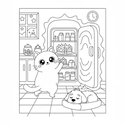 A kawaii midnight snack scene with a chibi cat tiptoeing to the refrigerator coloring page