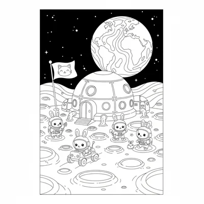 A kawaii moon base on the lunar surface showing a dome habitat, a small kawaii coloring page