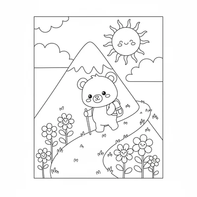 A kawaii mountain hiking scene with a chibi bear with a tiny backpack coloring page