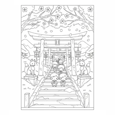 A kawaii mountain shrine pathway with stone torii gates leading up a mossy coloring page