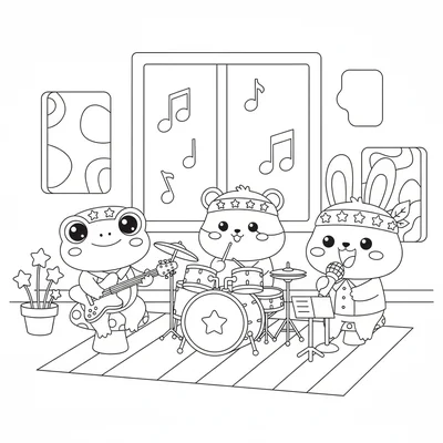 A kawaii music practice room with a chibi frog playing a tiny electric guitar coloring page