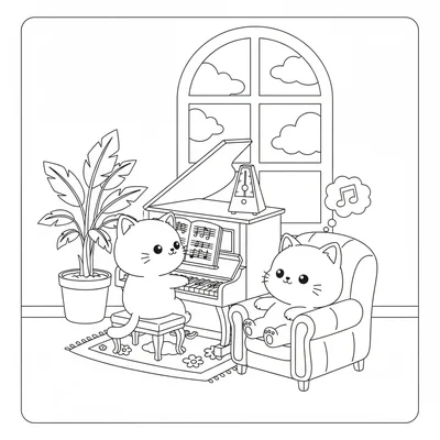 A kawaii music practice scene with a chibi cat playing a small upright piano coloring page