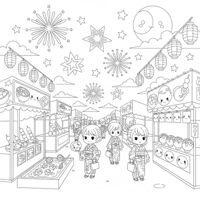 A kawaii night festival street with every stall lit by paper lanterns, goldfish coloring page