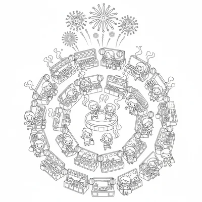 A kawaii night market aerial view showing circular stalls coloring page