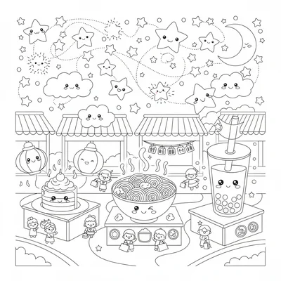 A kawaii night market with stalls of glowing food all with smiling faces coloring page