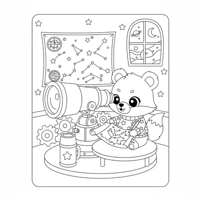 A kawaii observatory scene with a chibi bear peering into a large telescope coloring page