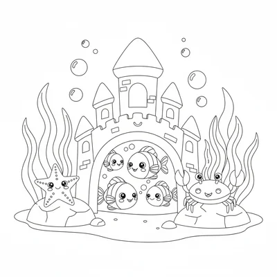 A kawaii ocean floor with a smiling coral castle at the center, kawaii fish coloring page