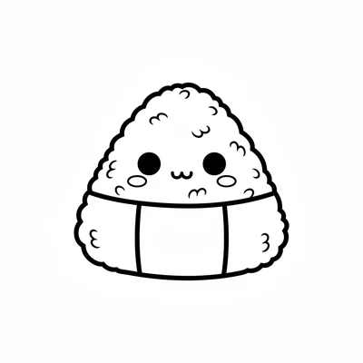 A kawaii onigiri rice ball facing forward, its triangular rice body with a wide coloring page