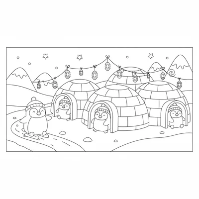 A kawaii penguin igloo neighborhood at the South Pole with each igloo having coloring page