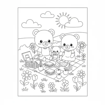 A kawaii picnic in a meadow with a chibi family of three bears on a checkered coloring page