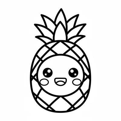 A kawaii pineapple with a smiling round face visible in the center of its body coloring page