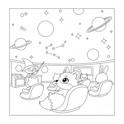 A kawaii planetarium visit with a chibi fox looking up at a domed ceiling coloring page