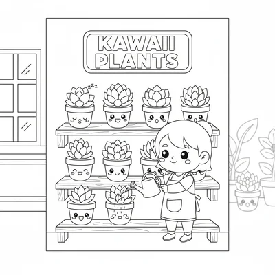A kawaii plant shop with smiling succulent faces in their round pots arranged coloring page