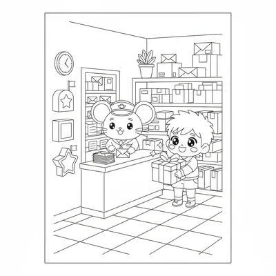 A kawaii post office scene with a chibi mouse postmaster sorting letters coloring page