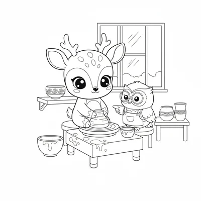 A kawaii pottery class scene with a chibi deer shaping clay on a wheel, hands coloring page