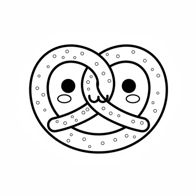 A kawaii pretzel with a round knot face, the pretzel loop shapes forming a face coloring page