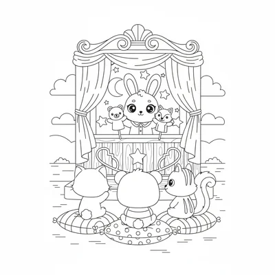 A kawaii puppet theater scene with a chibi rabbit operating hand puppets coloring page