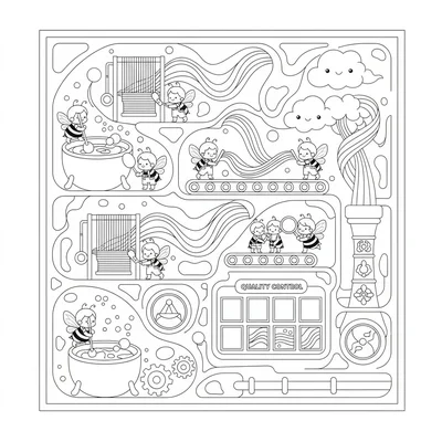 A kawaii rainbow factory cross-section with chibi worker bees and fairies coloring page