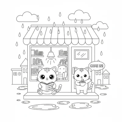 A kawaii rainy afternoon bookstore scene with a chibi cat reading a book under coloring page