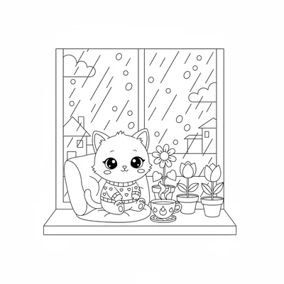 A kawaii rainy afternoon with a chibi cat sitting in a warm window seat looking coloring page