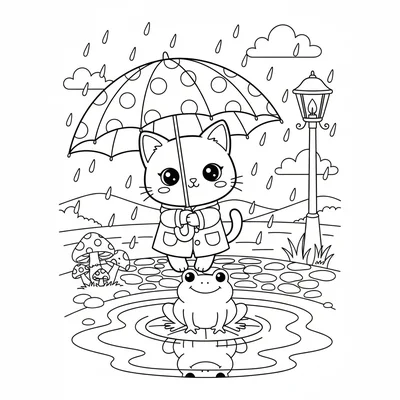 A kawaii rainy day scene with a chibi cat holding a polka-dot umbrella walking coloring page