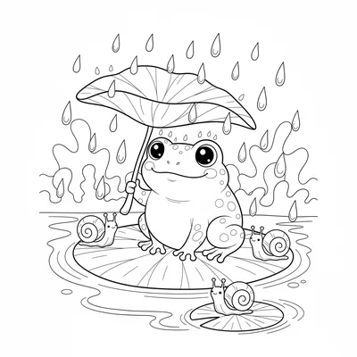 A kawaii rainy day scene with a chibi frog holding a leaf umbrella, sitting coloring page