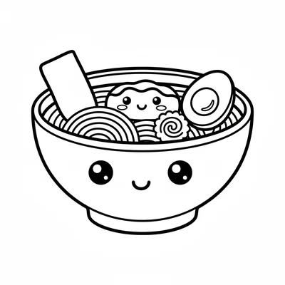 A kawaii ramen bowl with a smiling face visible in the broth surface, a noodle coloring page