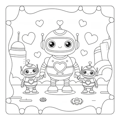 A kawaii robot family, a big round parent robot and two small child robots, all coloring page
