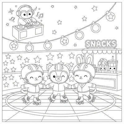 A kawaii roller skating rink scene with three chibi animals skating coloring page