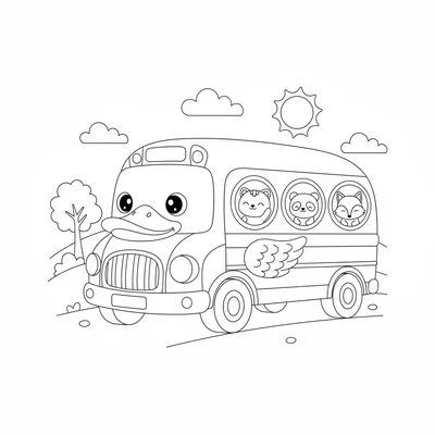 A kawaii school bus made to look like a big yellow duck with a beak-shaped coloring page