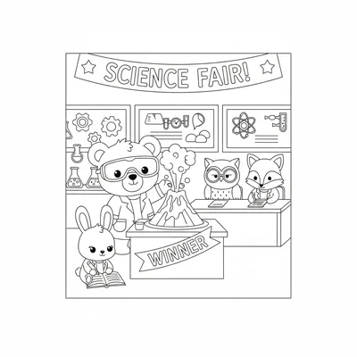 A kawaii science fair scene with a chibi bear presenting a baking soda volcano coloring page