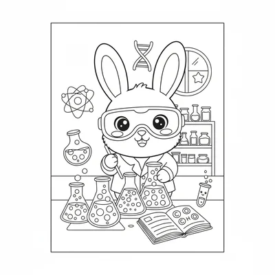 A kawaii science lab scene with a chibi rabbit scientist mixing colorful coloring page