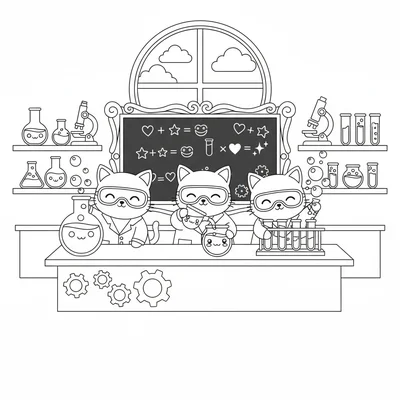 A kawaii science lab where chibi cats in lab coats are mixing glowing colored coloring page