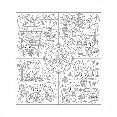 A kawaii seasonal market with four quadrants each decorated for a season coloring page